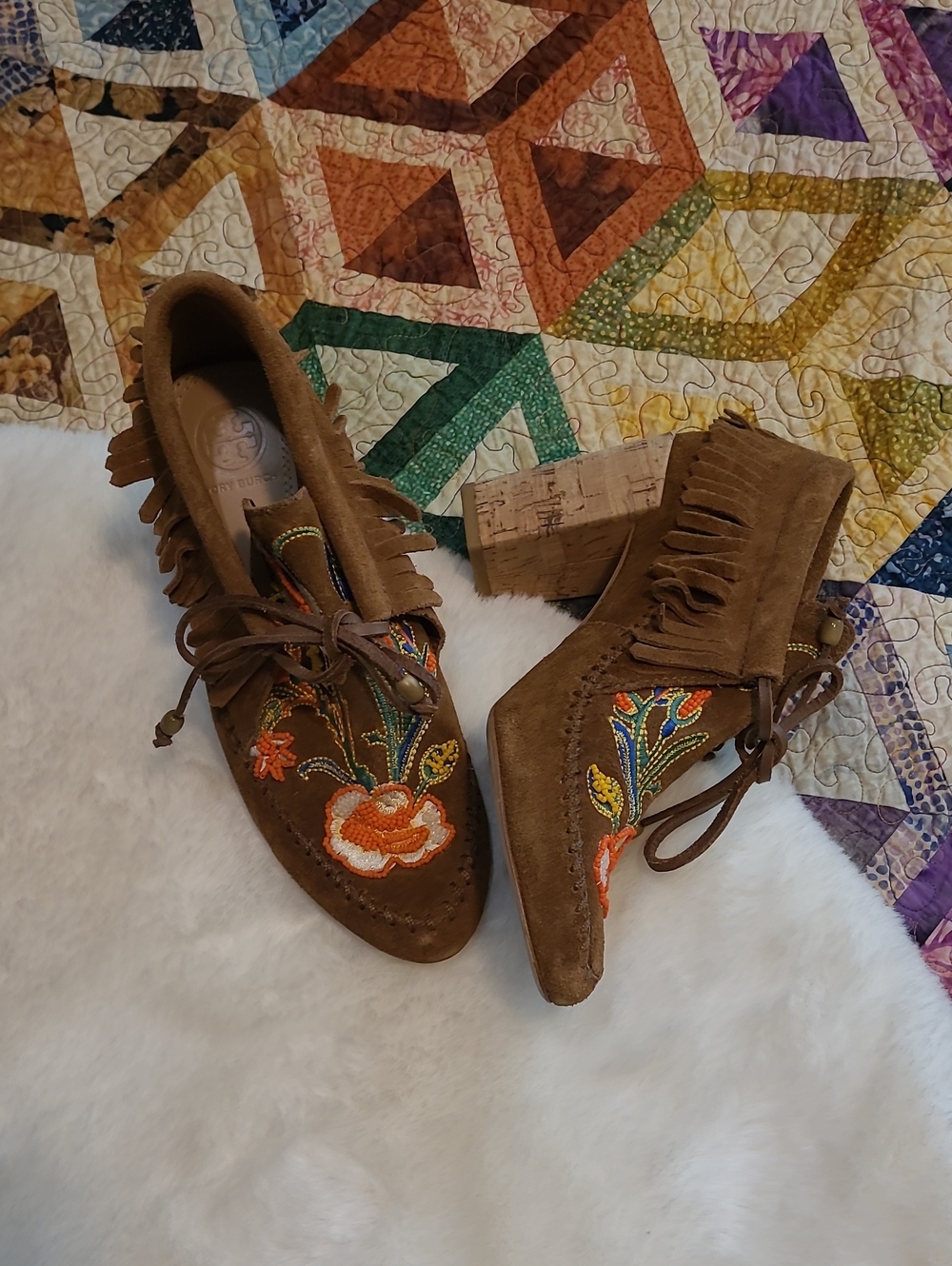 Tory Burch Huntington Beaded Embroidered Fringe Moccasin Boho Heel Booties